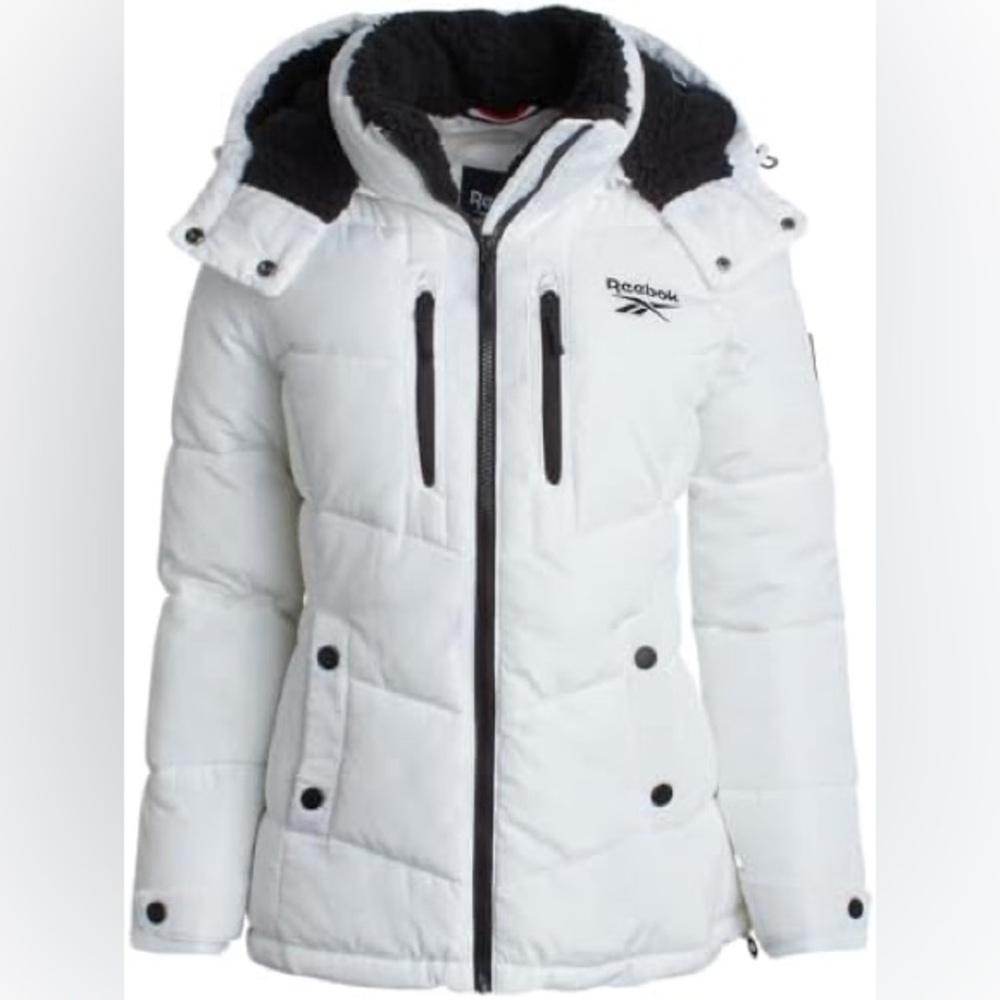 Reebok White and Black Hooded Puffer Jacket